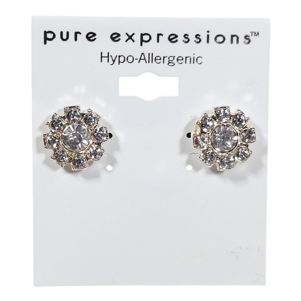 Pure Expressions Rhinestone Flower Stud Earrings Silver Tone Halo Bridal Prom